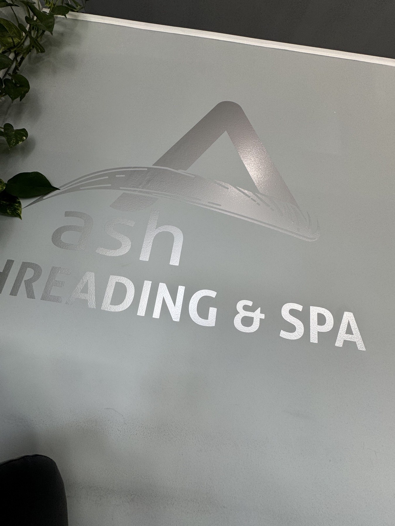 Ash Threading & Spa interior wall logo with greenery